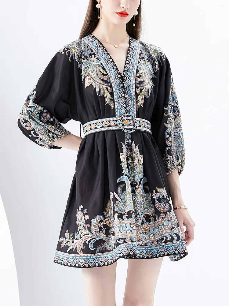 Bohemian Dresses For Women 2024 V Neck 3/4 Sleeve Spring Summer Vacation Mini Dress With Belt Boho Vintage Paisley Print Dress