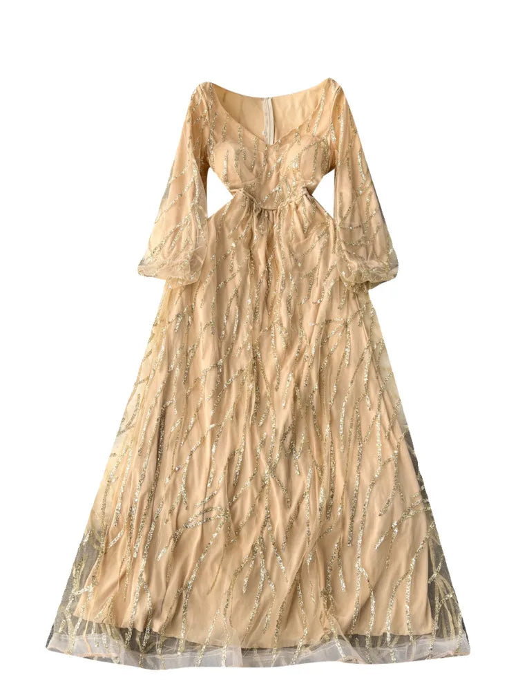 EWQ Bronzing Mesh V-neck Contrast Color High Waist A-line Vestidos Sweet Style Women's Dress Winter Spring 2024 New 27SN5497