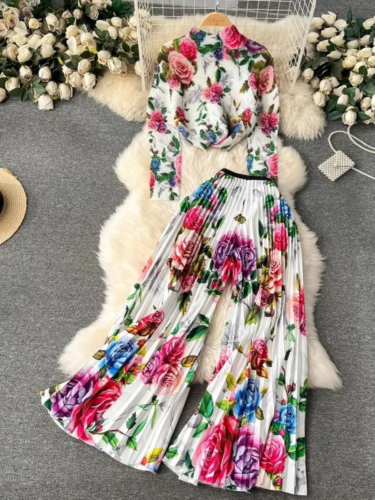 2024 Fashion Miyake Pleated Hot Two Piece Set Gradient Flower Printing High Neck Stretch Top And Wide Leg Pants Trouser Suits