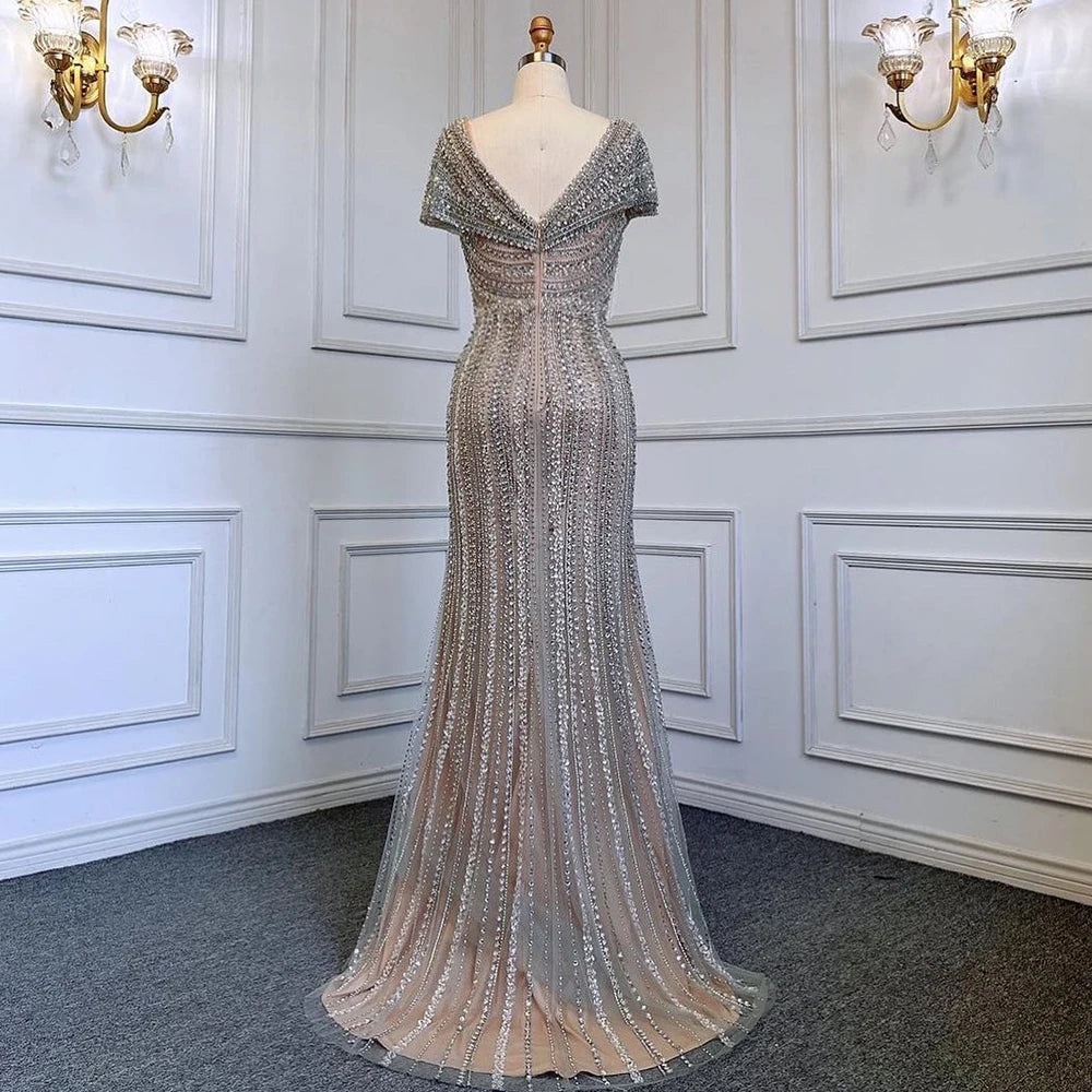 Silver Nude Mermaid Evening Gowns for Women 2023 Dubai Luxury Beading Sparkle Sleeveless Sexy Formal Dress BLA71686 Serene Hill