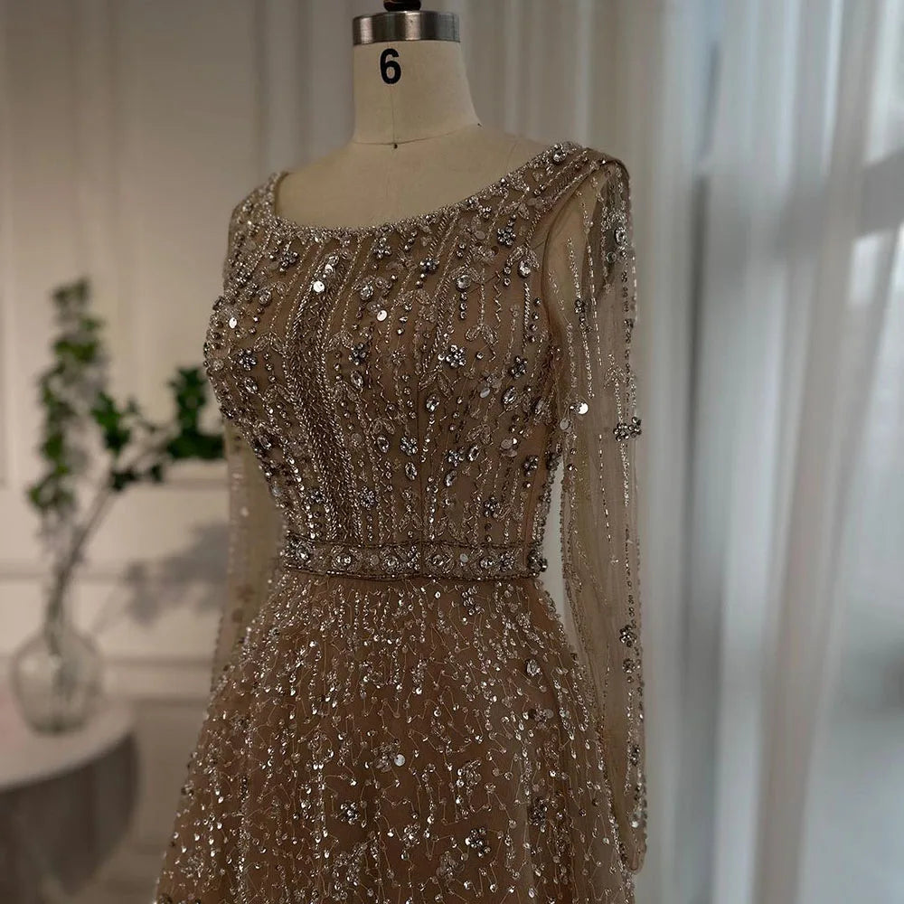 Serene Hill Dubai Arabic Designer Luxury Nude A Line Beaded Evening Dresses Gowns For Formal Occasion 2024 LA72088