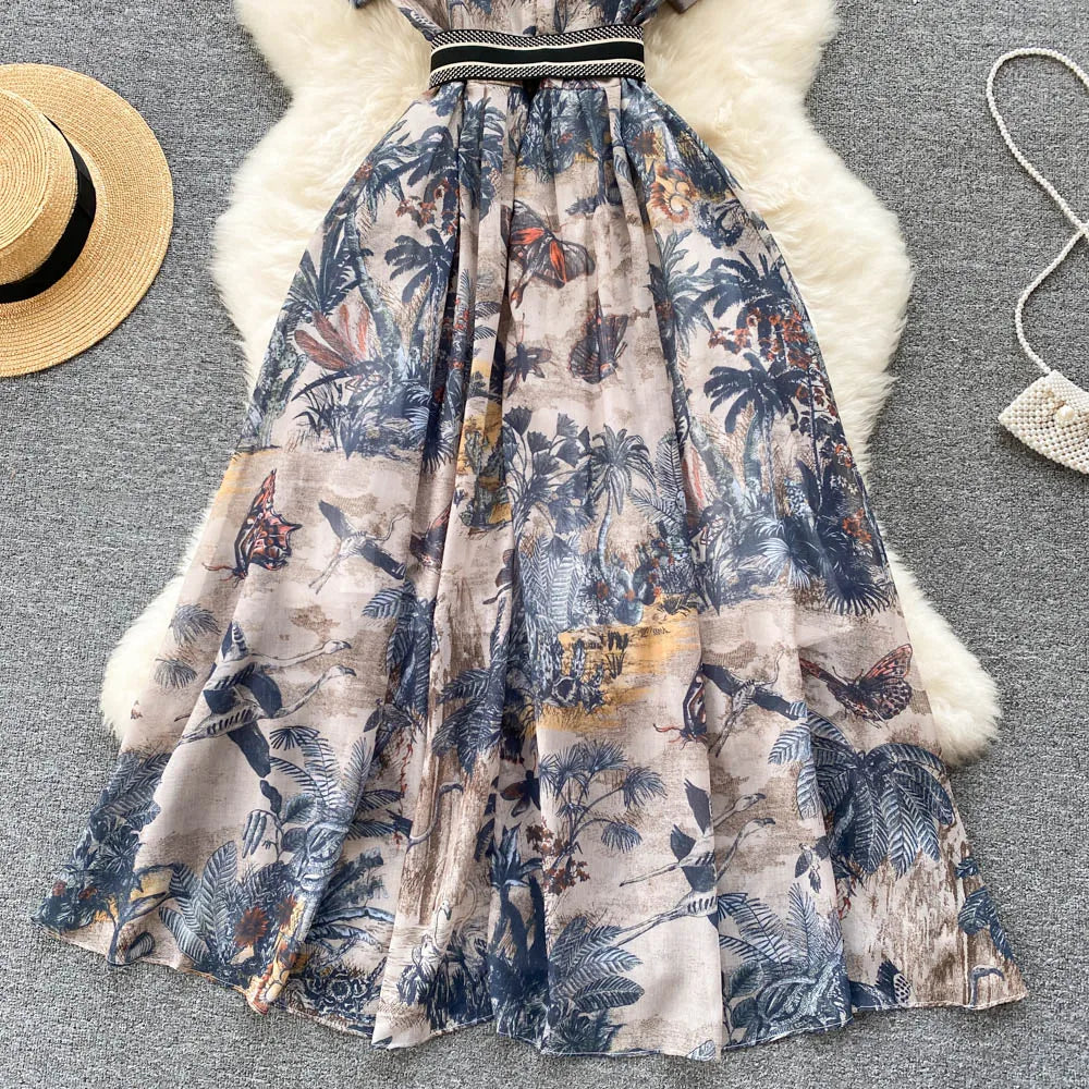 2022 Women Vintage Party Dress Summer French Elegant Print Dress Ladies High Waist Retro Single Breasted Belt Casual Long Dress