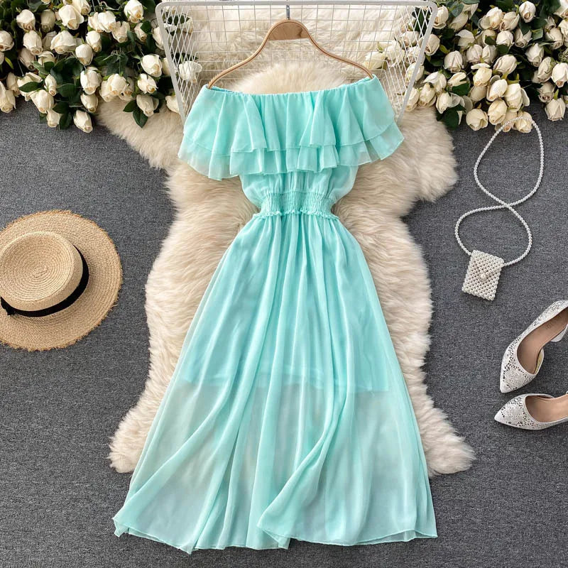 Women Chiffon Beach Dress Sexy Double Layer Ruffled Off The Shoulder Boho Dresses Ladies Sweet Slash Neck Long Dress