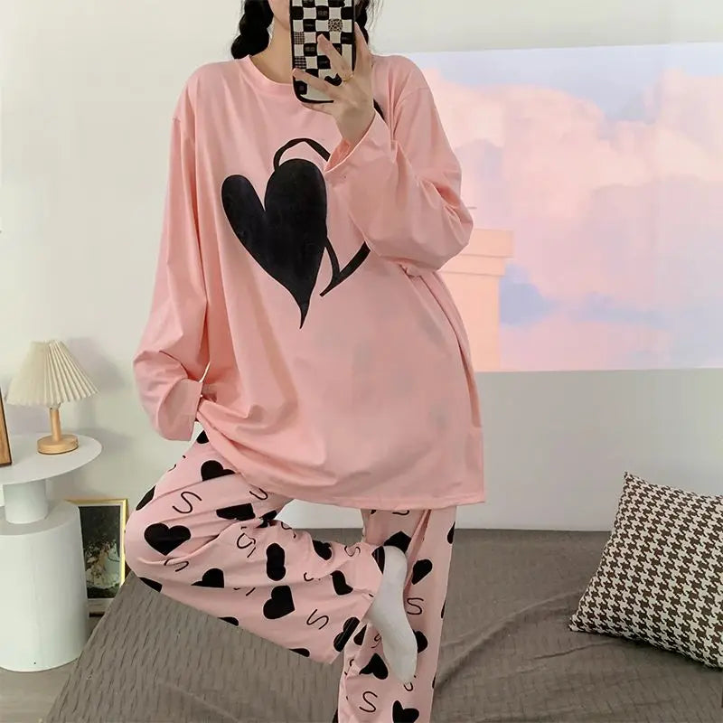 Plus Size 6XL 150kg Women Pajamas Set Long Sleeve Autumn Winter 2PCS Sleepwear Nightwear Female Suit Heart Print Tops and Pants