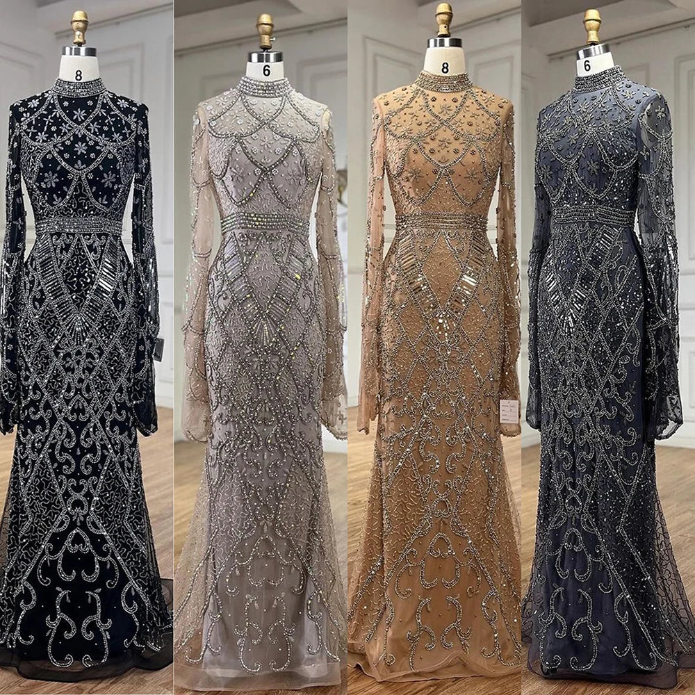 Serene Hill Muslim Grey Mermaid Elegant Nude Cape Sleeve Beaded Luxury Dubai Long Evening Dress 2024 Women's Party LA72316