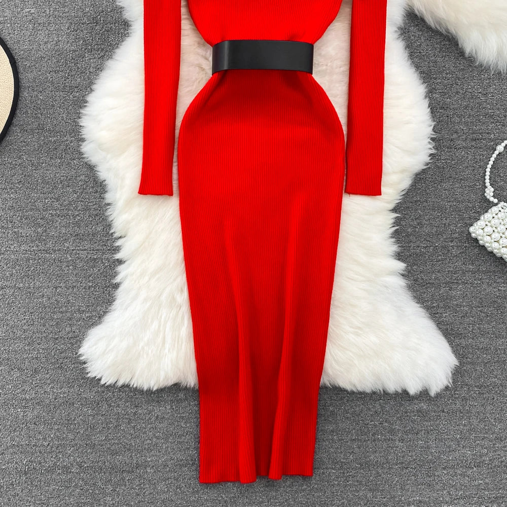 Elegant Turtleneck Long Sleeve Knit Soft Tight Pencil Dress with Belt Slim Fashion Warm Sweater Vestido Sexy Women Winter Robe