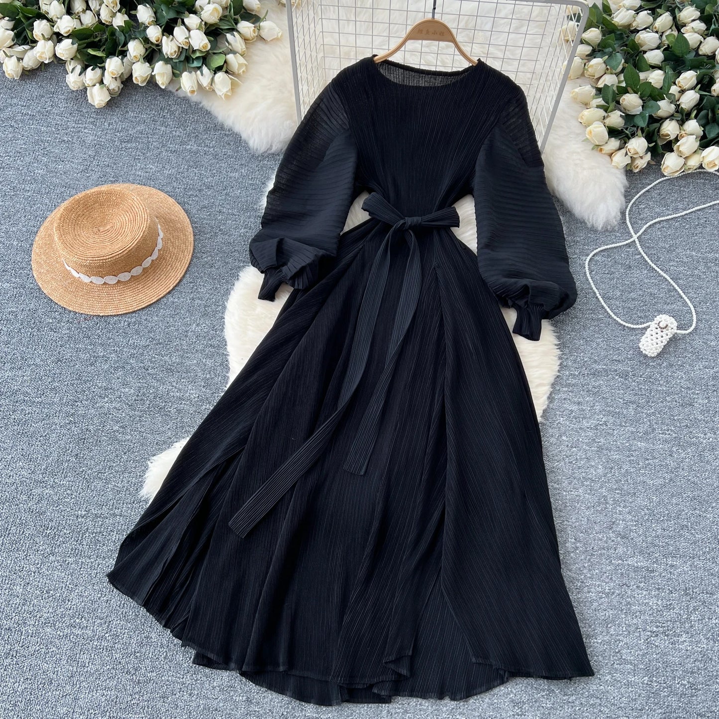 Vintage  Elegant Lantern Sleeve Sweet Pleated Dress Women Basics Fashion Summer Spring Dresse