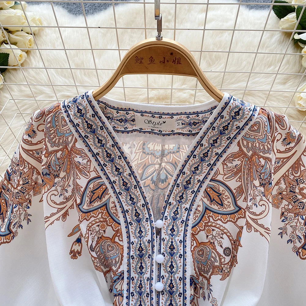 Holiday Dress For Women 2024 Bohemian Vintage Paisley Print Dress Spring 3/4 Sleeve V Neck Elegant Party Short Dresses With Belt