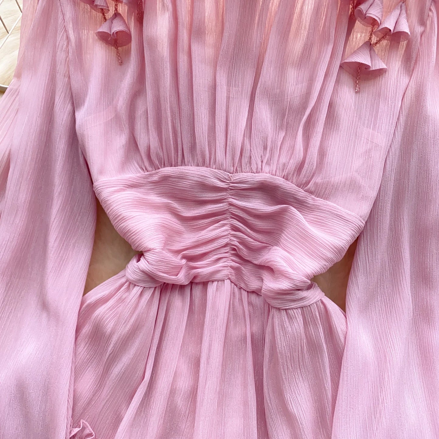 Elegant Tassel Beaded Lantern Sleeve Midi Dress Women French Stand Collar Slim A-Line Pleated Female One Piece Casual Mujer New