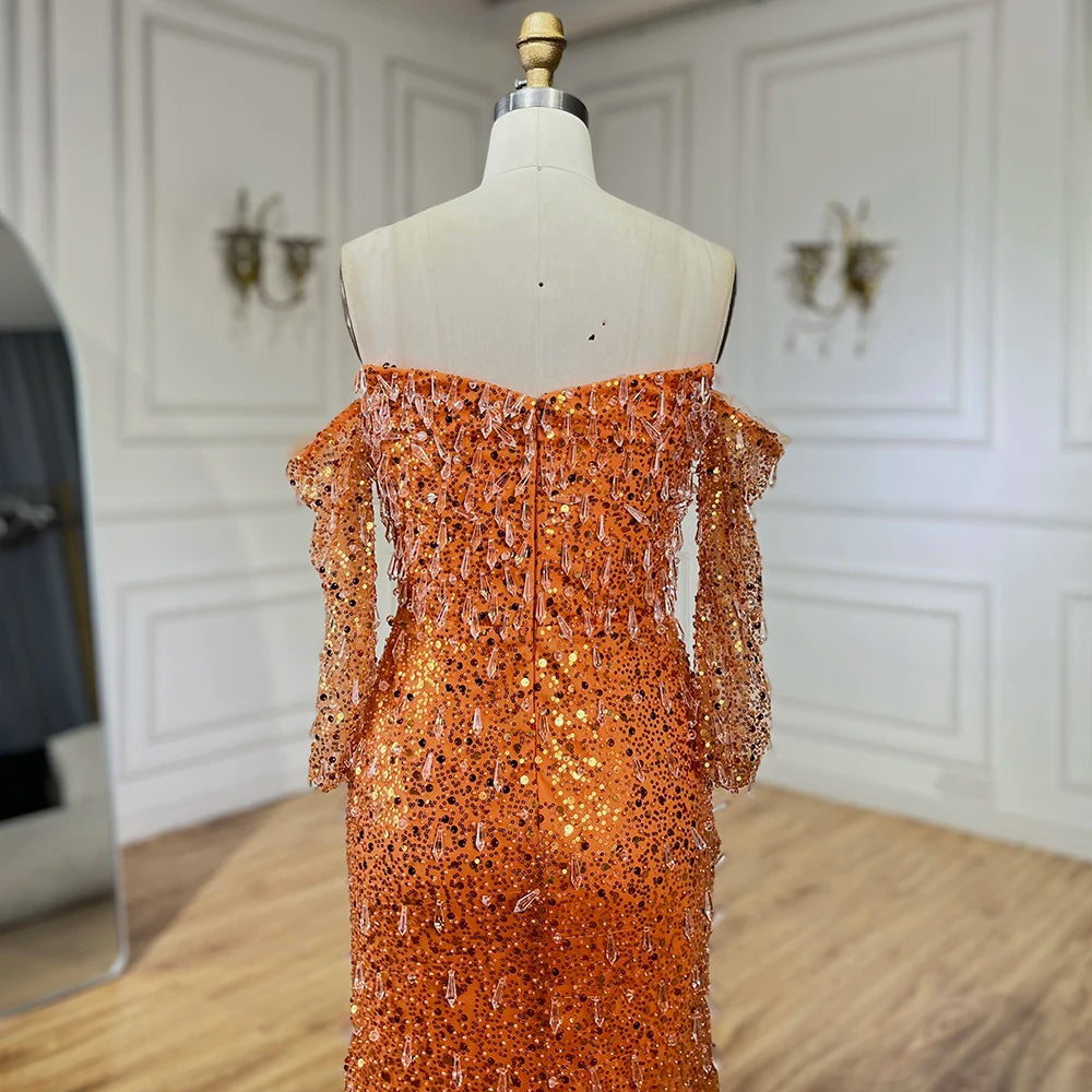 Serene Hill Arabia Orange Mermaid Strapless Luxury Beaded Crystal Evening Dresses Gowns for Women Wedding Party 2024 LA72402