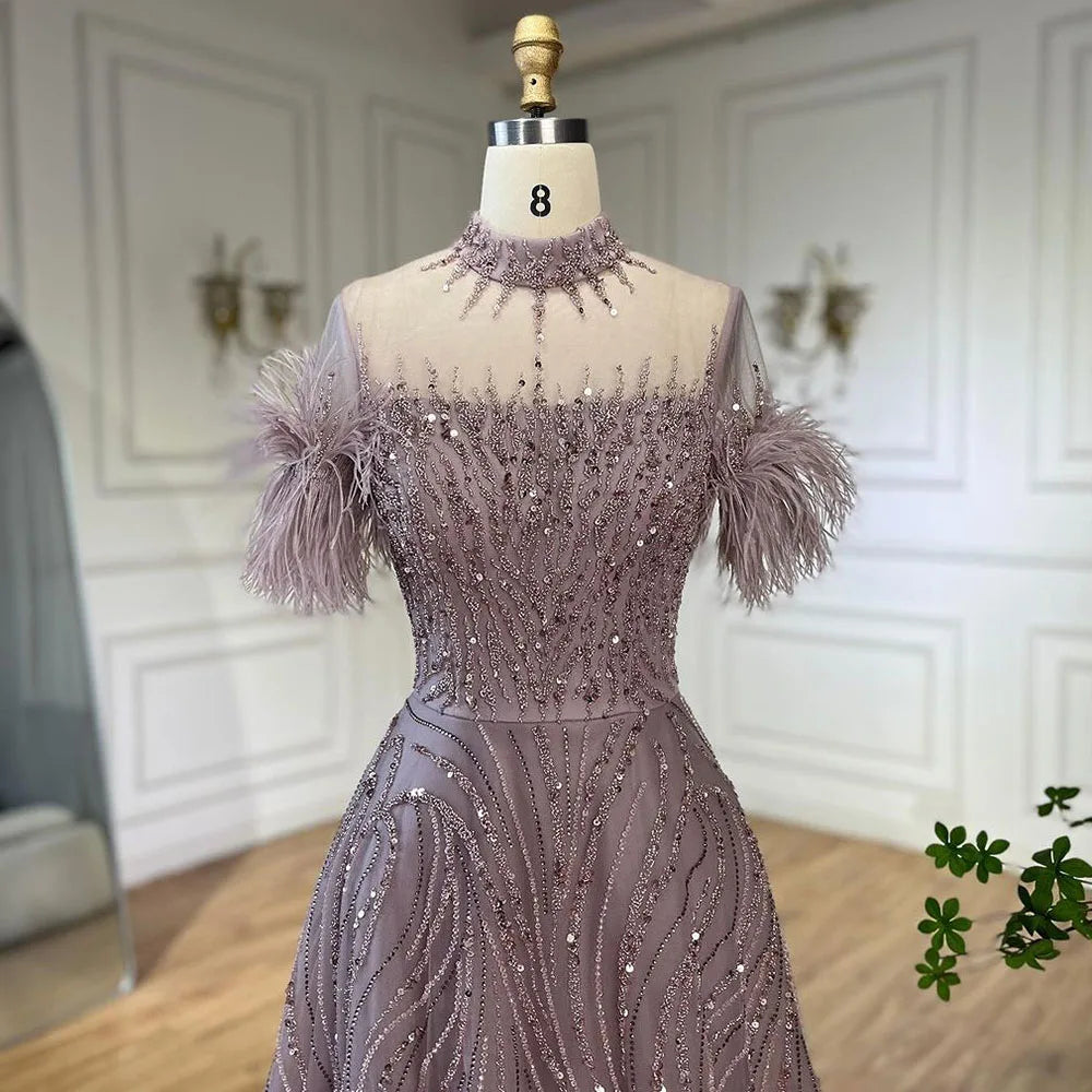Serene Hill 2024 Arabic blue A Line Short Sleeveless Luxury Evening Dresses Beaded Feathers For Women Wedding Party LA72351