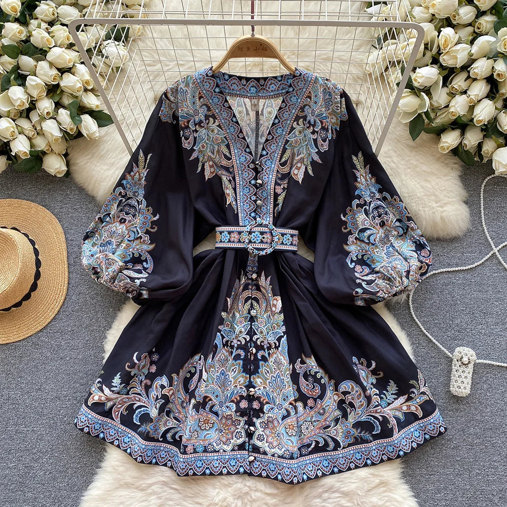 Bohemian Dresses For Women 2024 V Neck 3/4 Sleeve Spring Summer Vacation Mini Dress With Belt Boho Vintage Paisley Print Dress