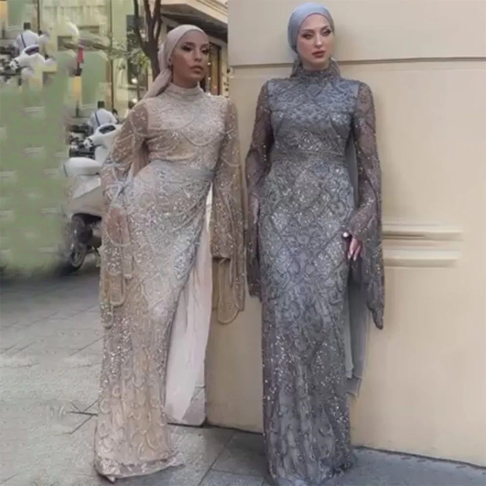 Serene Hill Muslim Grey Mermaid Elegant Nude Cape Sleeve Beaded Luxury Dubai Long Evening Dress 2024 Women's Party LA72316
