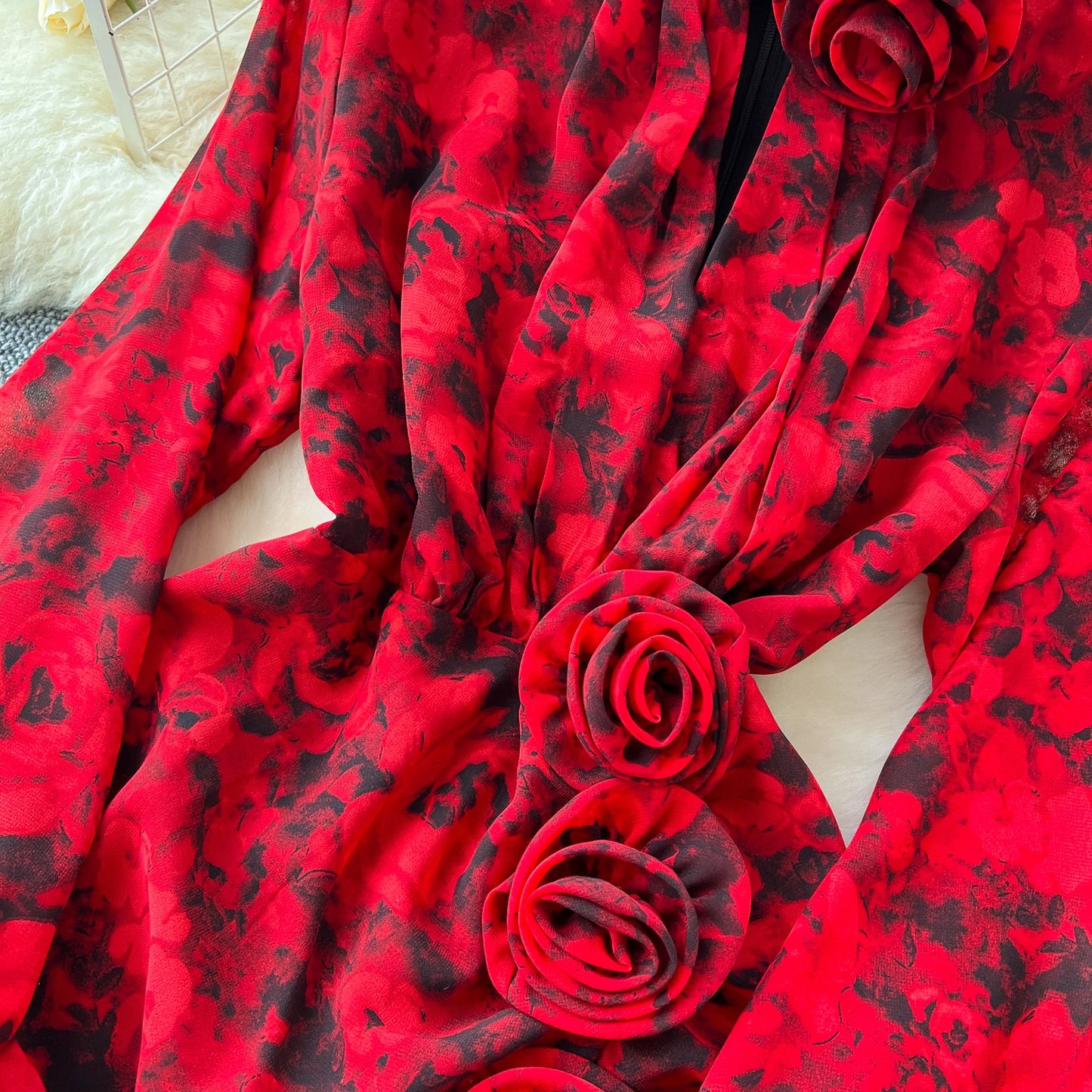 Chic French Sexy Pleated Floral Print Elegant Ruffle Dress Vintage Split Slim High Street Evening Women Autumn Winter Clothing
