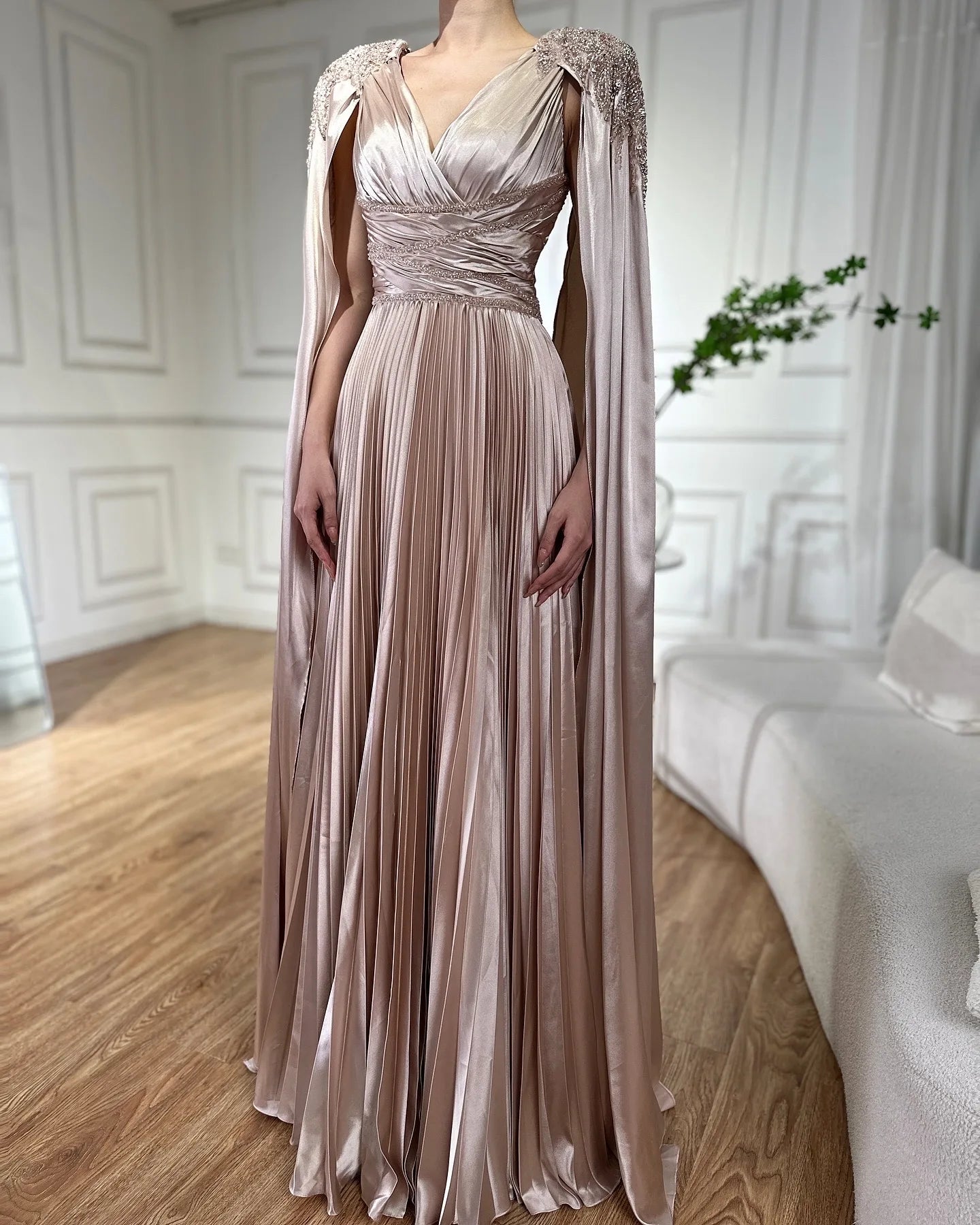 Serene Hill 2024 Nude Beaded Satin A-Line Saudi Arabic Evening Dress Gown with Cape Sleeves for Formal Occasion GLA72663