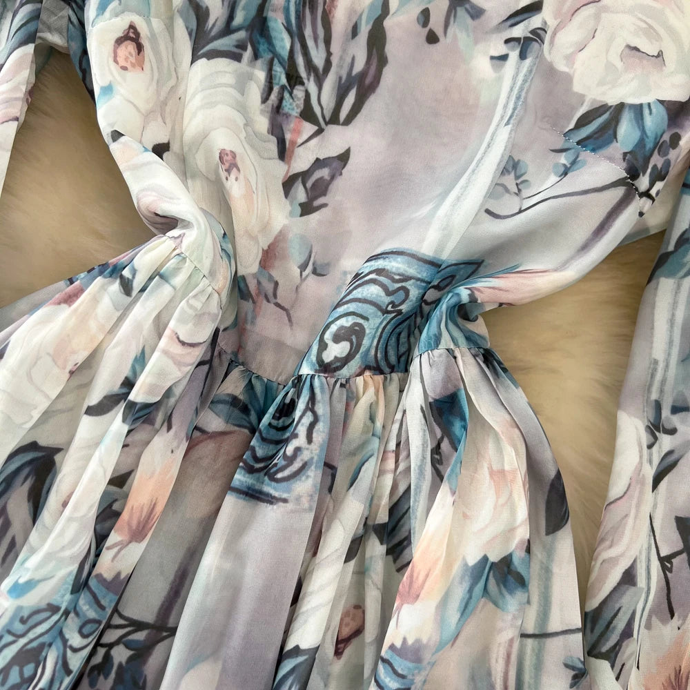 Elegant Chic A-Line Women Autumn Dress Long Sleeve Casual Floral Print Vintage Beach Holiday Vestidos Female Lace-up Robe Mujers