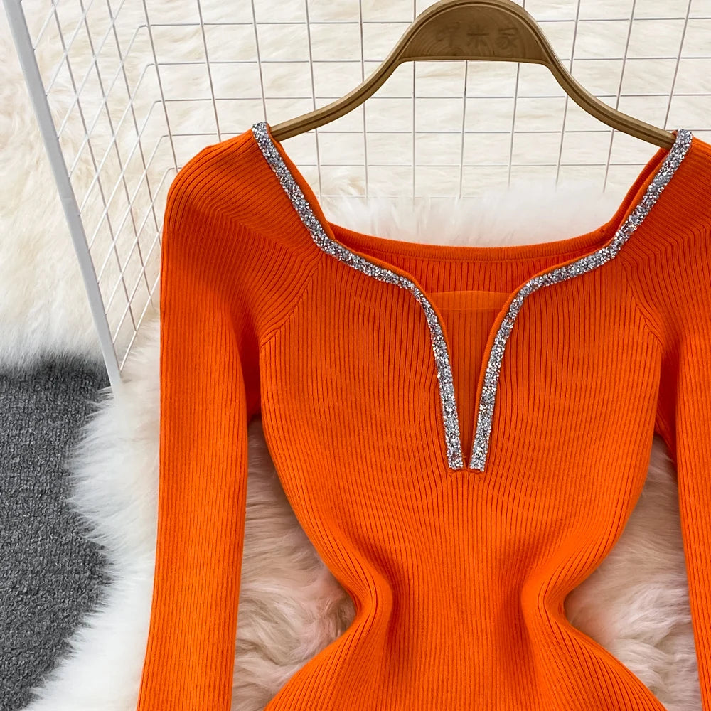 Chic Elegant Glitter V Neck Long Sleeve Elastic Bodycon Dress Sexy Fashion Knit Pencil Vestidos Slim Autumn Winter party robe