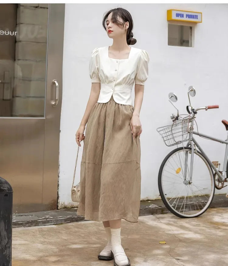 Temperament Short Bubble Sleeve Shirt for Women French Square Neck Elegant Design Office Lady Shirts Summer New Cropped Tops