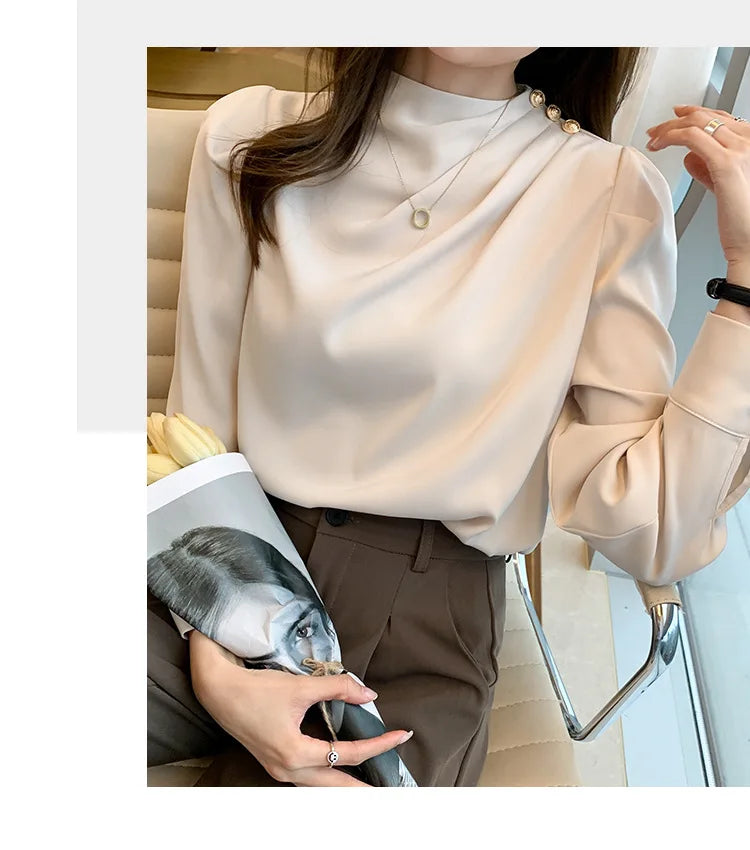 Autumn New Women's Style Stand up Collar Pleated Long Sleeve Top Fashion Lantern Sleeve Loose Elegant Solid Color Shirt Blouse