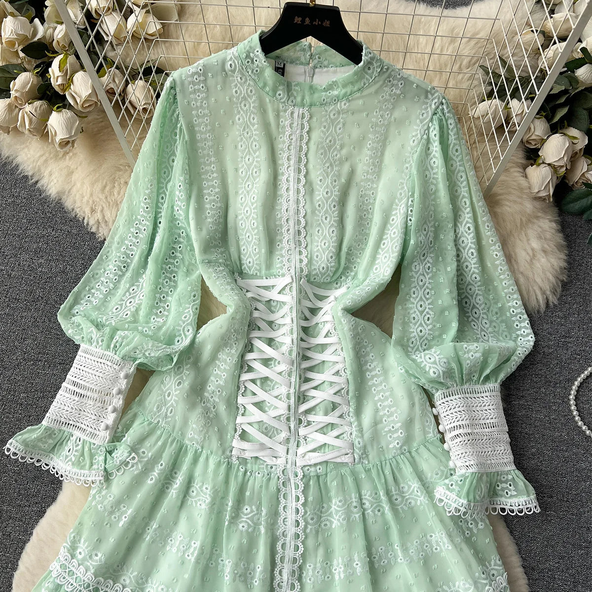Dresses For Women 2023 Luxury Fashion Waist Lace Up Embroidery Dress Spring Long Sleeve Elegant Wedding Guest Party Mini Dress