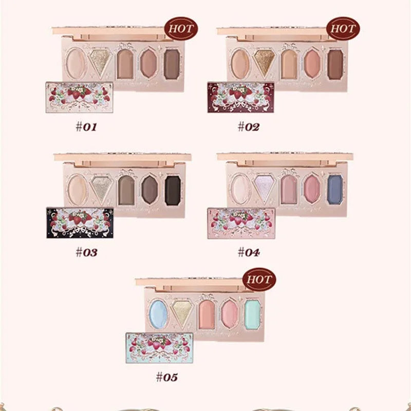 Flower Knows Strawberry Rococo Pressed Glitter Eyeshadow 5 Color Palette with Creamy Texture for Natural Makeup Eye Shadows