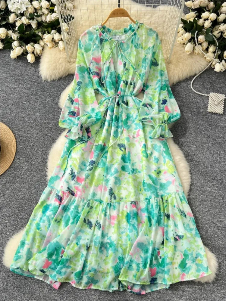 Elegant Floral Print Party Dress for Women French O-Neck Embroidered Flares Lace Up Lantern Long Sleeves Chiffon Long Dresses