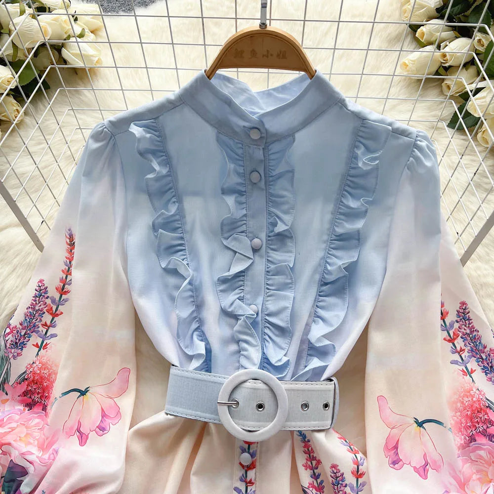 Chic Print Ruffle Elegant Puff Sleeve Dress A-line Casual Belt Beach Vacation Mini Dress Women Fashion Summer Spring Vestidos