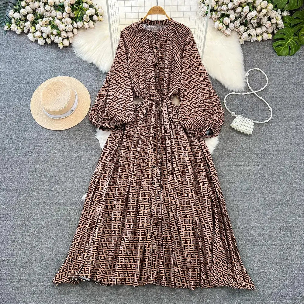 Elegant Women Casual Floral Print Party Dress Vintage Lantern Sleeve A-Line Pleated Prom Birthday Clothes Female Fashion Robe
