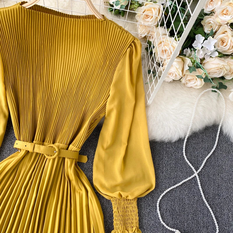 Chic Pleated Elegant Puff Sleeve Dress A-line Chiffon High Waist Belt Beach Vacation Party Dress Women Summer Spring Vestidos