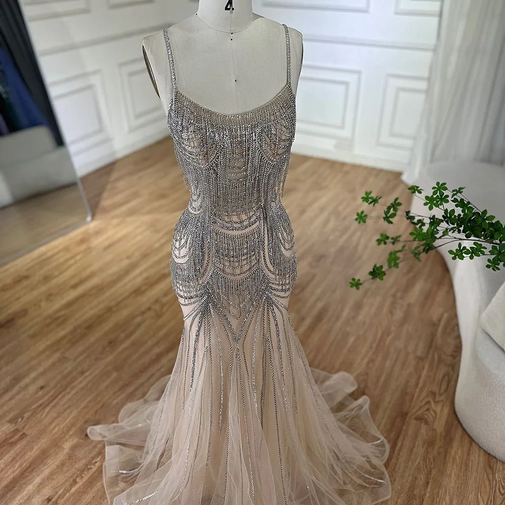 Serene Hill 2024 Silver Nude Spaghetti Strap Mermaid Evening Dress Gown with Luxury Beaded Tassels for Formal Occasion LA72772