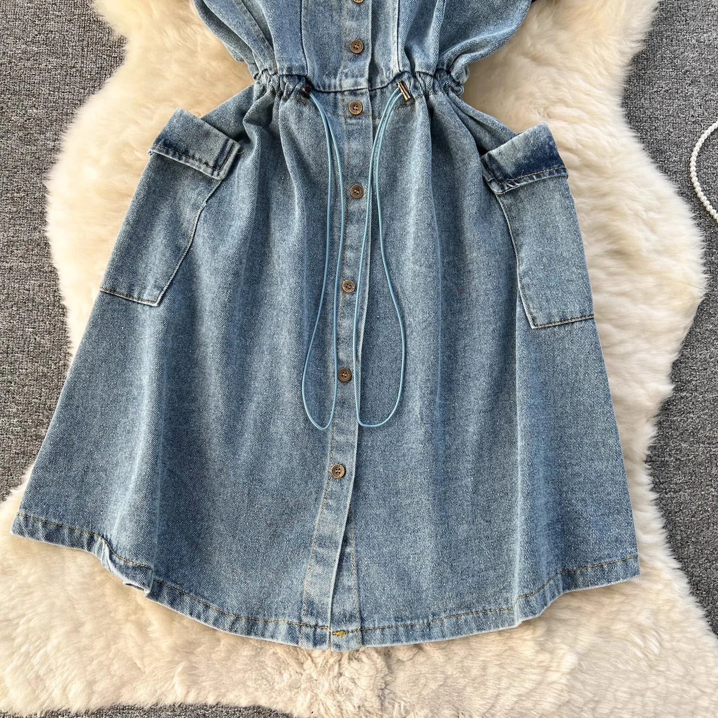 Spring Fashion Elegant Casual Women Patchwork Mini Denim Dress Vintage Slim Drawstring Dresses Female Party Clothes Robe New