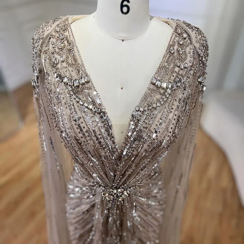 Serene Hill Turquoise Mermaid Evening Dresses Gowns 2024 with Beaded Cape Sleeves Design for Women's Wedding Party BLA72168A