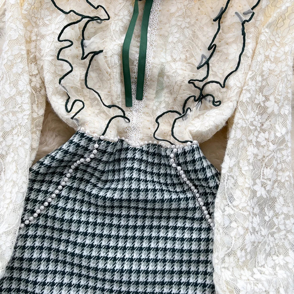Winter Clothes Women Dresses Long Sleeve Lace Patchwork Textured Tweed Dress Ruffled Trim Lapel Collar Bow Elegant Mini Dress