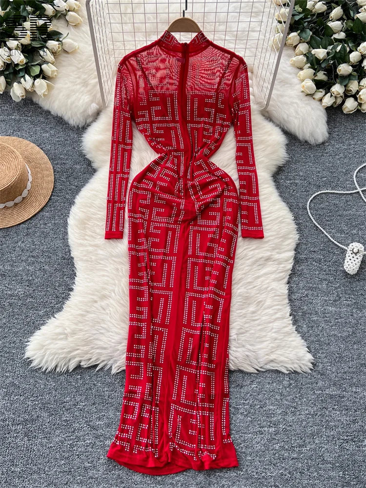 SINGREINY Autumn Beading Dress Sets Women O Neck Zipper Design Mesh Maxi Dress+Solid Strap Dress Sheer Senior Party 2pcs Sets