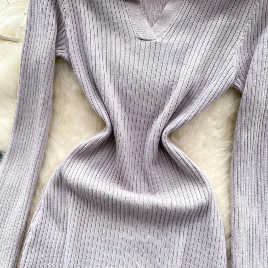 Y2k French Vintage Knitted Dress for Women Autumn Bodycon V-neck Long Sleeved Solid Simplicity Fashion Causal A-line Dresses