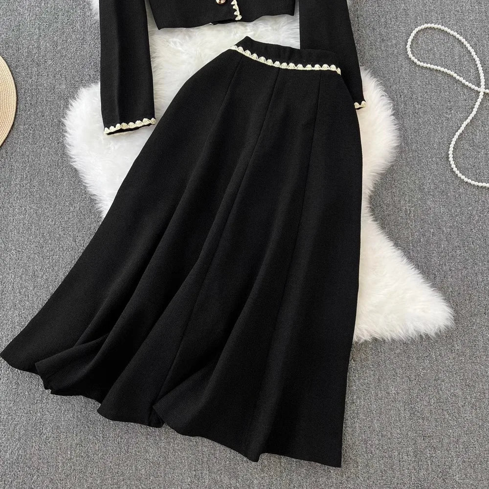 Small Fragrance Elegant 2-Piece Set Spring Autumn Trendy Women's Outfit O-Neck Short Coat+High Waist Midi A-line Skirt Suit
