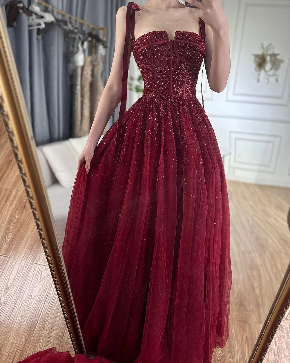 Serene Hill 2024 Saudi Wine Red Beaded Evening Gown Spaghetti Strap A-Line Luxury Floor-Length for Formal Occasion LA70600A