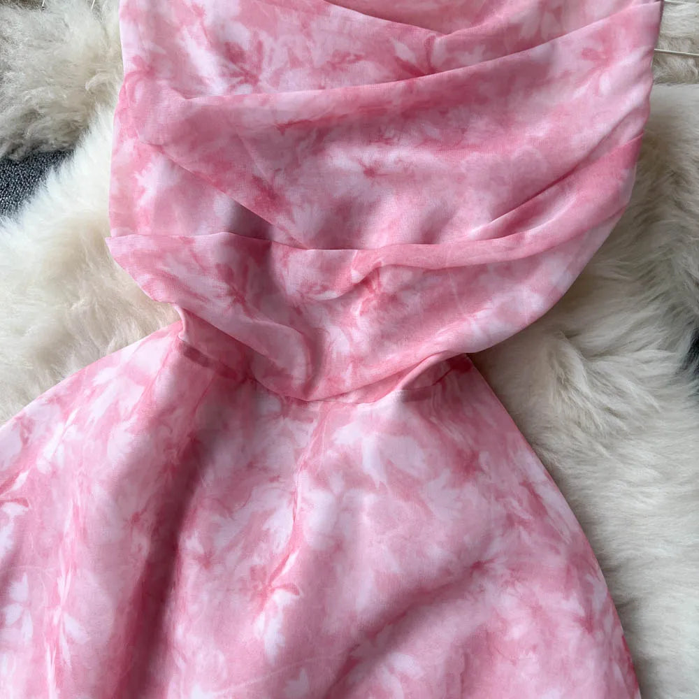 Women Pink Beach Dress Summer Sleeveless Hollow Out High Waist A-line Floral Printing Chiffon Dresses Ladies Casual Long Robe