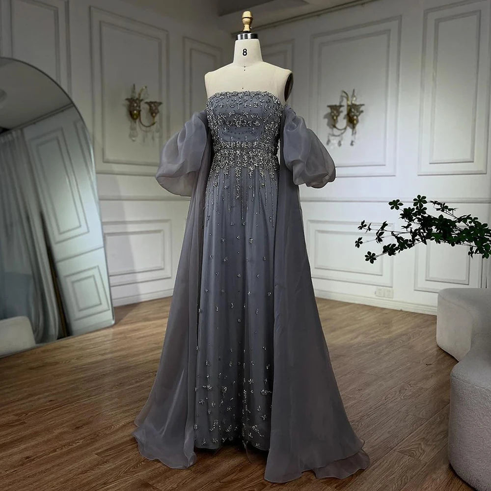 Serene Hill Black Sexy Off the Shoulder Puff Sleeves Evening Dresses Beaded Overskirt Mermaid Party Gown For Women 2023 BLA72002