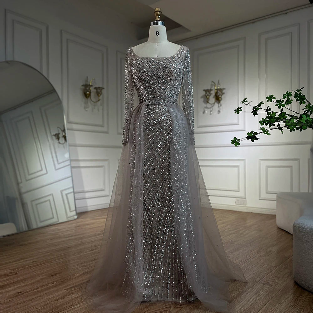 SERENE HILL 2024 Arabic Dubai Silver Gray Beaded Mermaid Evening Dresses Long Sleeves Gown With Skirt For Women Party GLA71618L