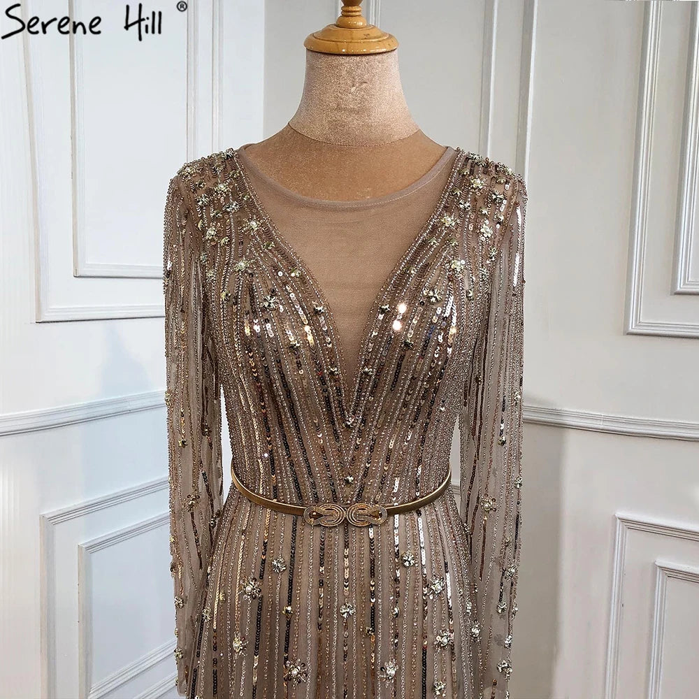 Serene Hill Muslim Gold A-Line Luxury Evening Dresses Gowns 2022 Sparkle Beaded Long Sleeves Sexy For Women Party GLA70674