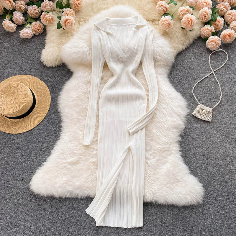 Women Chic Elegant Long Sleeve Split Bodycon Midi Dress Sexy French Fashion Knit Wrap Vestidos Elastic Slim Pencil Sweater Dress