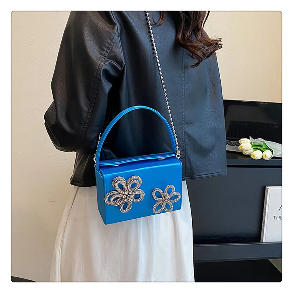 Light Luxury High-Grade Women Chain Crossbody Bag Korean Design Sense Diamond Flower New Pop Handbag Fashion Box Mini Square Bag