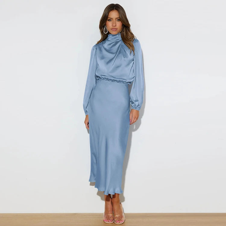 Spring Summer New High-End Satin Long Sleeved Dress Women's Ladylike Elegant Evening Dress Party Clothes Celebrity Dresses