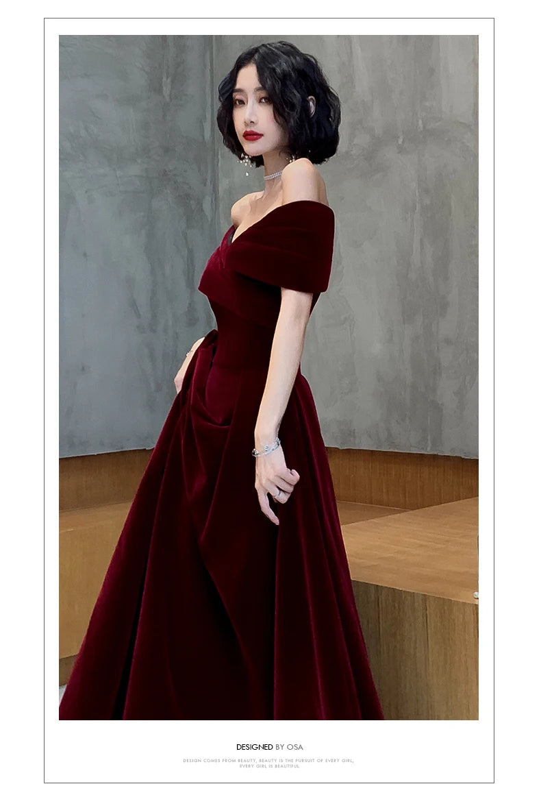 Lautaro Spring Long Luxury Elegant Wine Red Soft Velvet Evening Party Wedding Dresses for Women 2022 Off Shoulder Maxi Dress