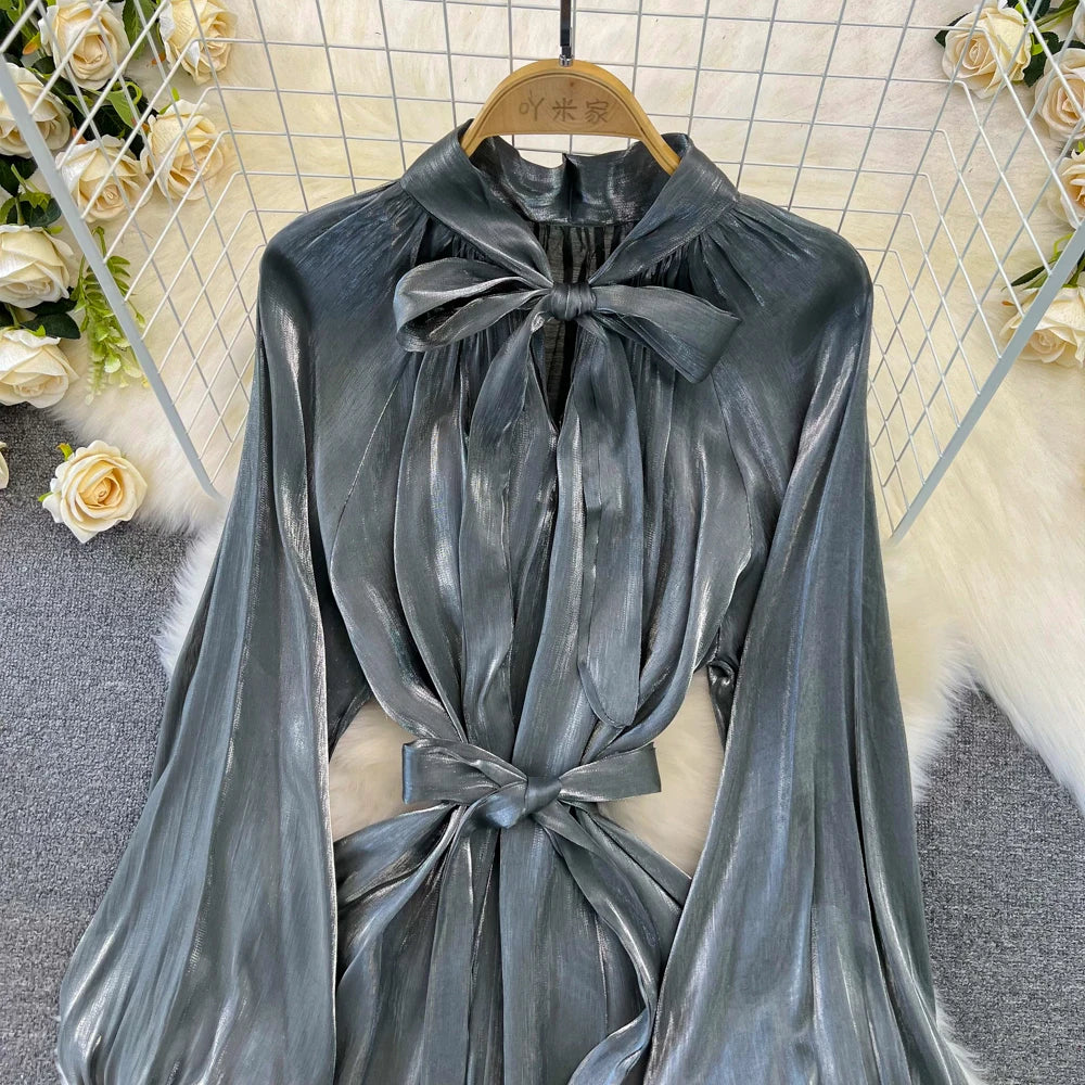 Autumn Elegant Women Fashion Party Long Dress Bow Lace Up Long Sleeve Evening Dresses A-Line Casual Vestidos One Piece Prom Robe