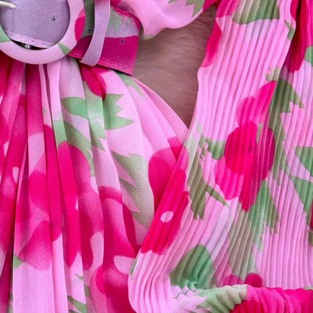 Summer Vintage Casual A-Line Floral Print Women Dress Elegant Chic Pleated Party Prom Vestidos with Belted Female Long Robe