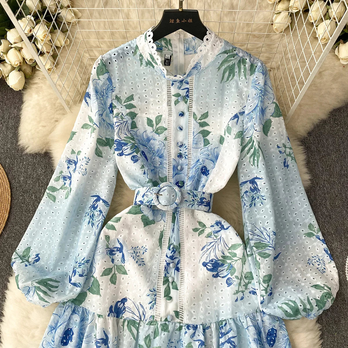 Elegant Party Dresses Woman Lace Trim Cutwork Embroidery Vintage Floral Print Dress 2023 New In Long Sleeve Mini Dress With Belt