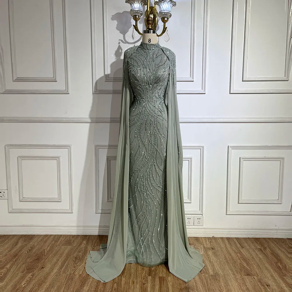 Serene Hill Muslim Sage Green Mermaid Long Cape Beaded Satin Luxury Evening Dresses Gowns For Women Party 2024 LA72413A