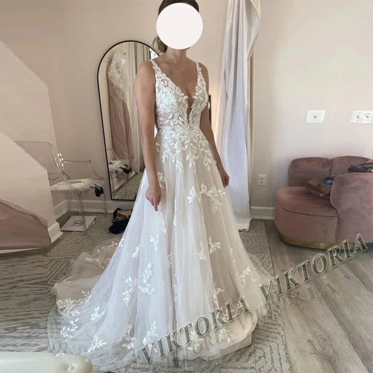 VIKTORIA Fashion Aline Wedding Dresses V-neck Custom-Made Court Train Appliques Sleeveless Robe De Mariée Engagement Plus